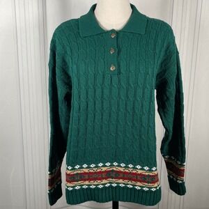Vintage 90s Cricket Lane Cable Knit Polo Sweater‎ w/ Fair Isle Trim (Women's S)